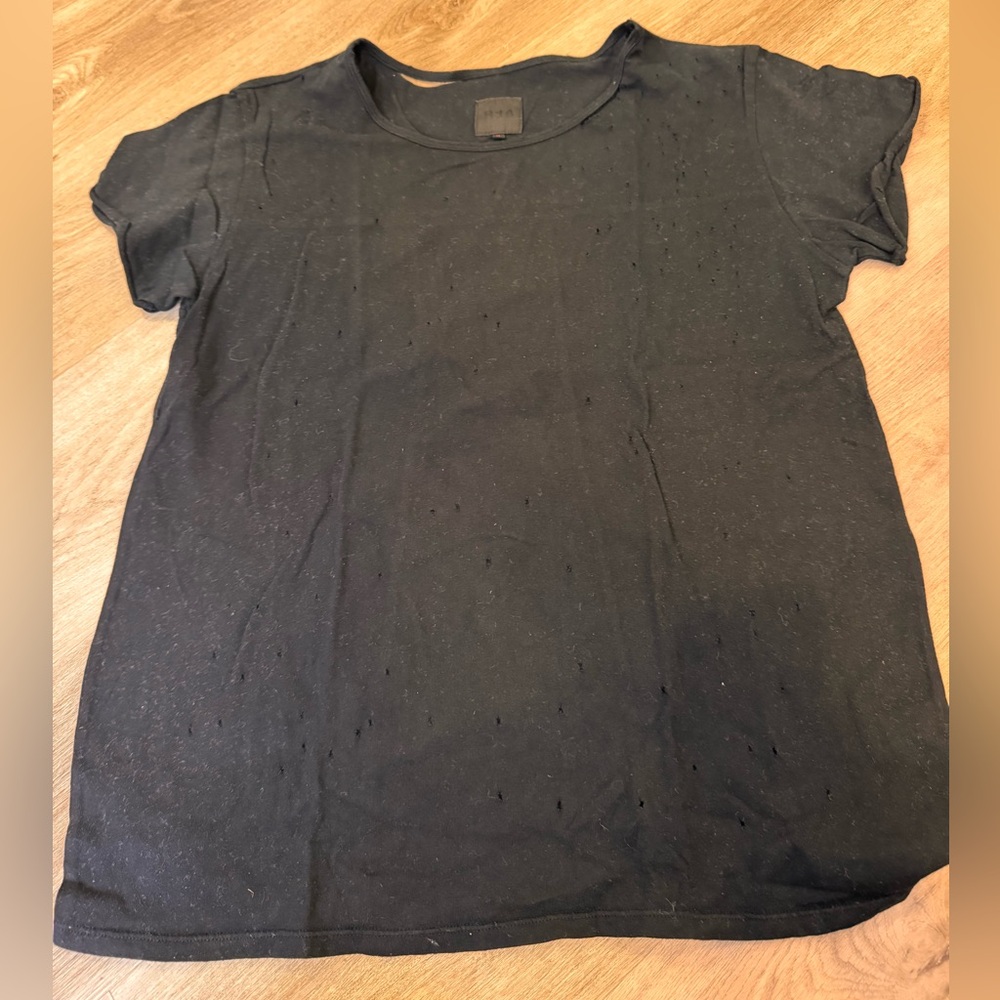 RtA 100% cotton black distressed tee - small hole detailing and 2 cutouts at top